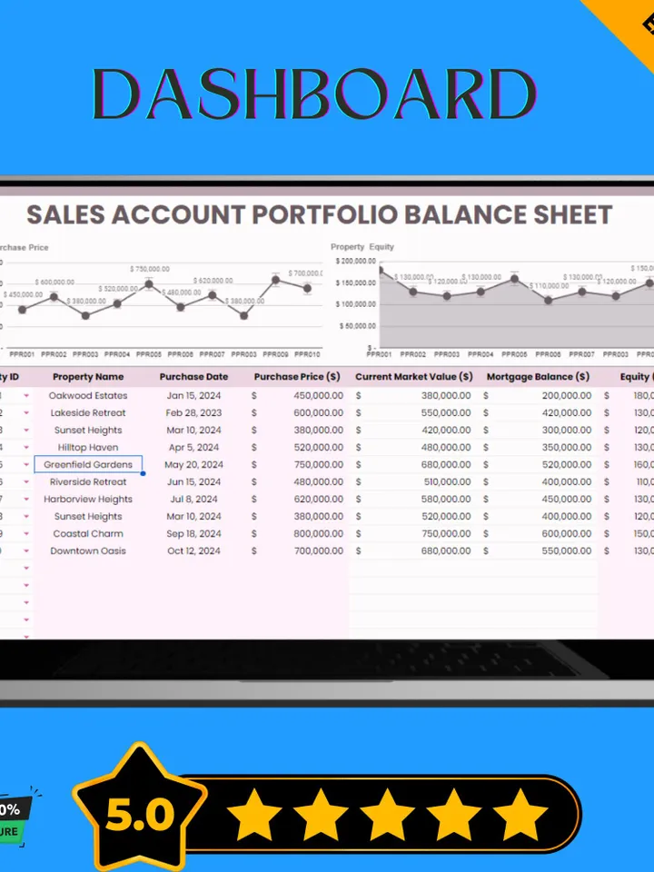 Sales Account Portfolio Balance Sheet Template, Google Sheets Financial Tracker, Editable Excel Sales Dashboard, Client Revenue Log