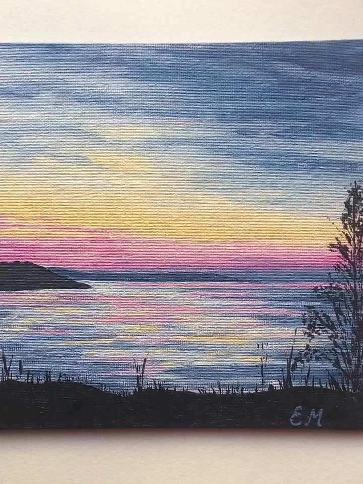Painting Sunset on the sea, Pink sunset, Landscape acrylic, Painting with sunset, Seascape