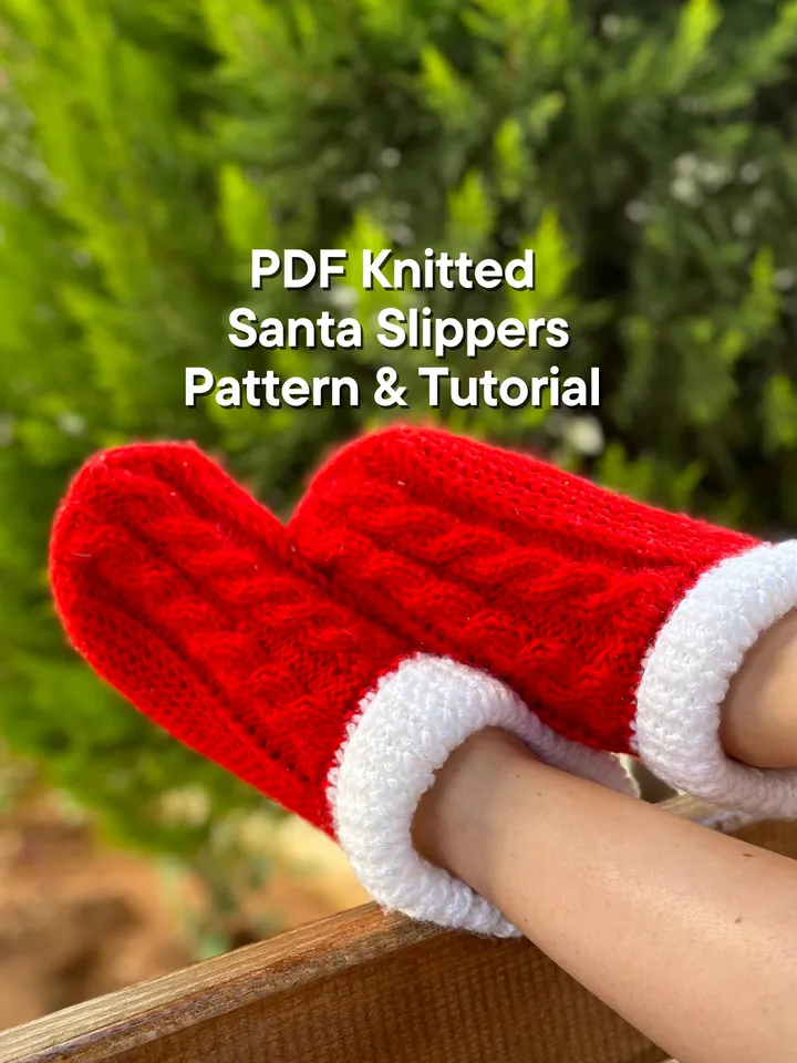Knitted Slippers Santa Christmas Pattern & Tutorial with braids ENG