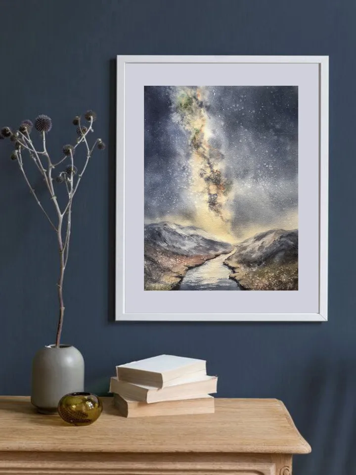 Milky Way Art Space Painting Landscape Watercolor Stars Wall Art Night Sky