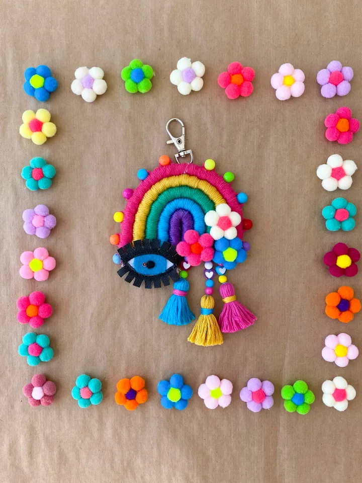 Rearview mirror accessories, Rainbow with evil eye car charm, Hippie decor 60s, 70s, Cute car charm for woman
