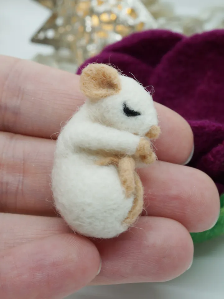 Miniature needle felted mouse sleeping in a purple flower, baby mouse, white mouse, made to order