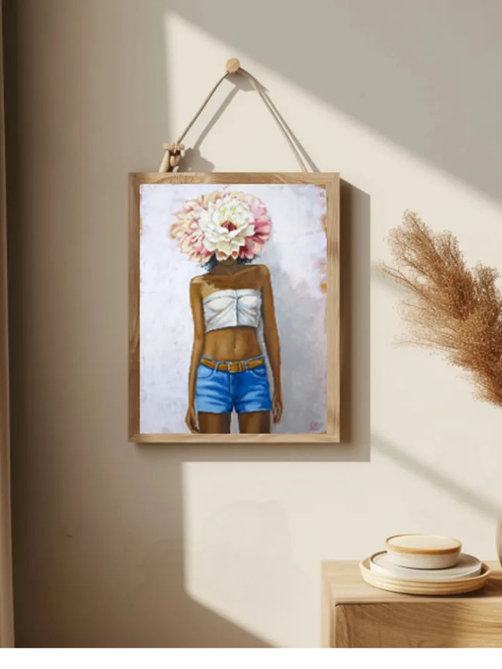 Original Oil Painting Portrait of a Girl with of Flowers Woman Without Face Artwork