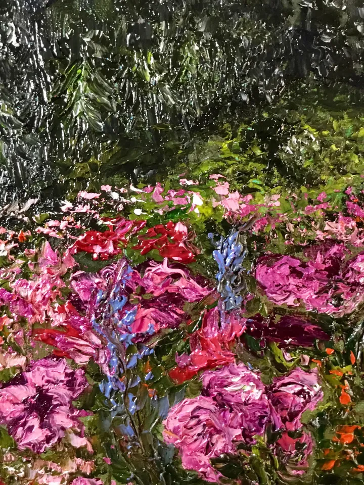 Floral landscape oil painting original, swiss alps and flowers impasto painting.Flowers and mountains painting.Swiss Alps painting.