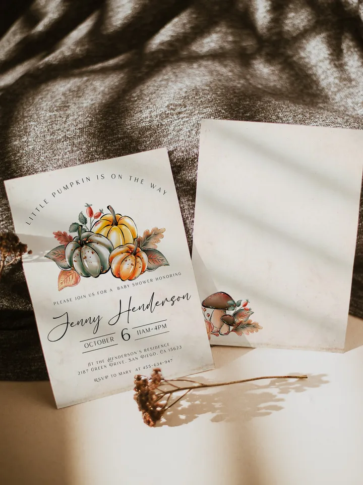 Little Pumpkin is on the way; Editable Autumn Pumpkin Baby Shower Invitation Template Canva; Fall 2022 Autumn Watercolor Pumpkin Invitation