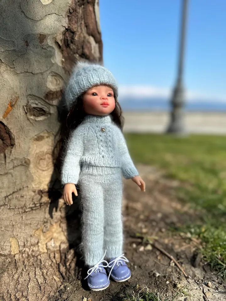 PDF Knitting SET Sweater, Pants, and Hat Set Pattern & Tutorial with Cute Lock Pattern – Cozy Outfit for 13-Inch Dolls Paola Reina eng