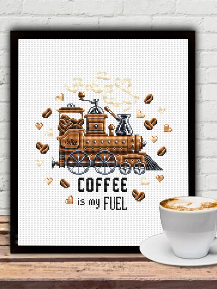 Funny Coffee quote cross stitch pattern PDF download Coffee is my fuel, Coffee Train cross stitch chart, Kitchen pattern digital PDF #Q58