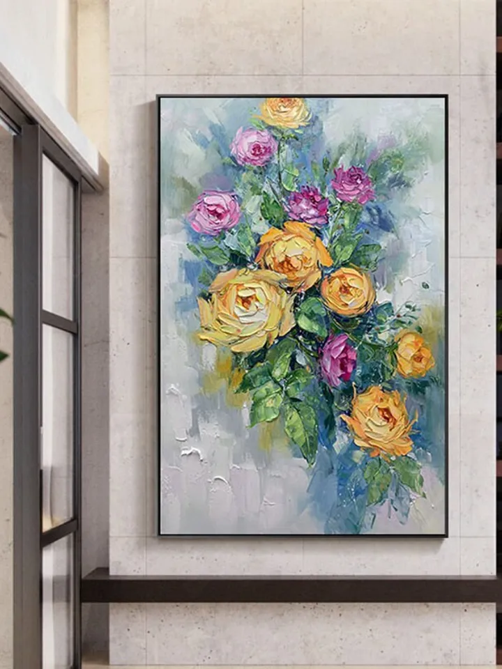 Original Rose Oil Painting On Canvas, Abstract Yellow Peony Flower Painting, Large Wall Art, Living Room Wall Decor, Custom Acrylic Painting