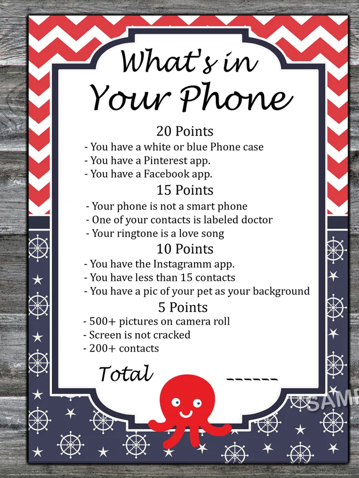 Octopus What's in Your Phone Birthday Party Game,Adult Birthday party game-fun games for her-Instant download $1.50 | Buy online with delivery for Cell Phone What S In Your Phone Game Free Printable