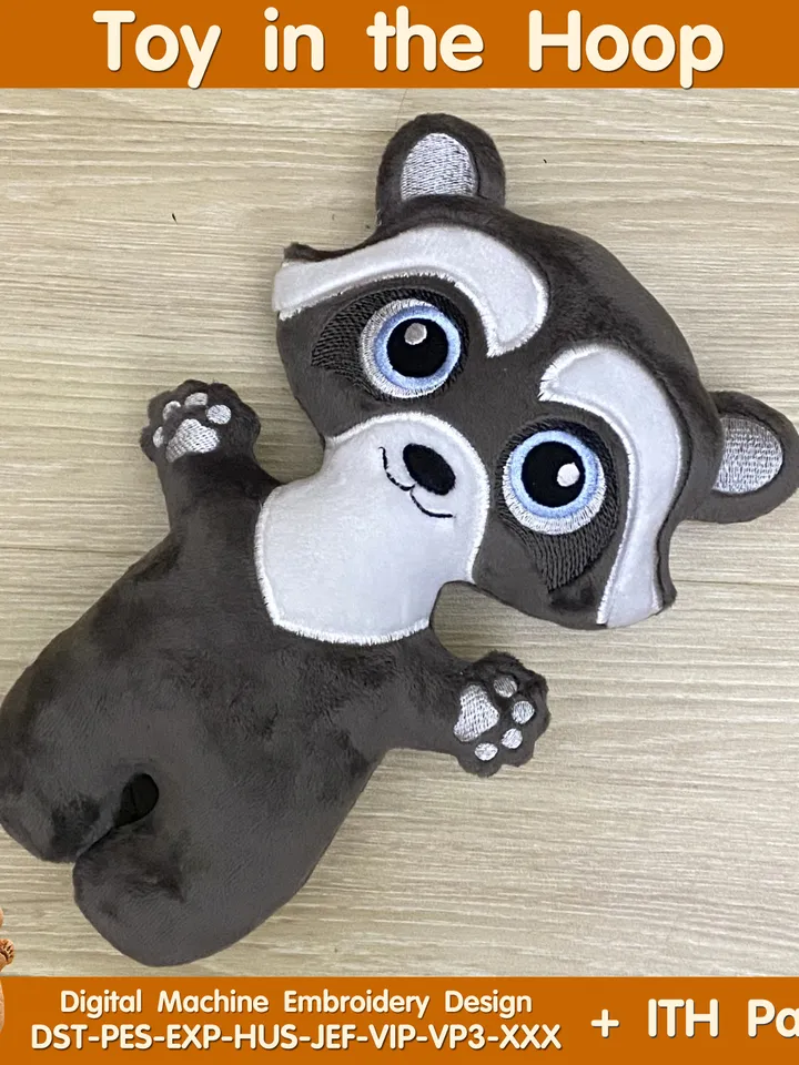 ITH Cute Raccoon toy soft stuffed in the Hoop Digital Design for Machine Embroidery