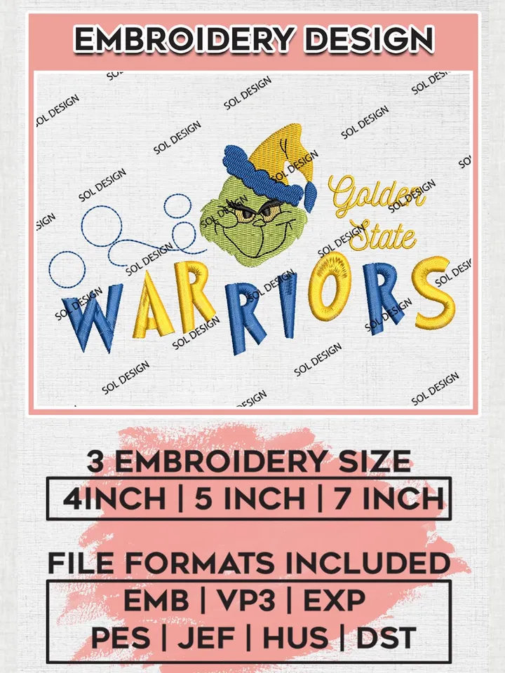 Grinch Golden State Warriors Embroidery Designs, Grinch Christmas Embroidery Files, NBA Golden State Warriors Machine Embroidery Designs, NBA Warriors Logo, NBA Christmas Machine Embroidery Design, Digital Download