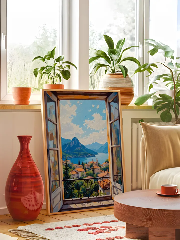 Open Window Lake Como Art Print Henri Matisse Style Fauvist Exhibition Poster Italian Mediterranean Patio Scene Digital Download Decor HMS2