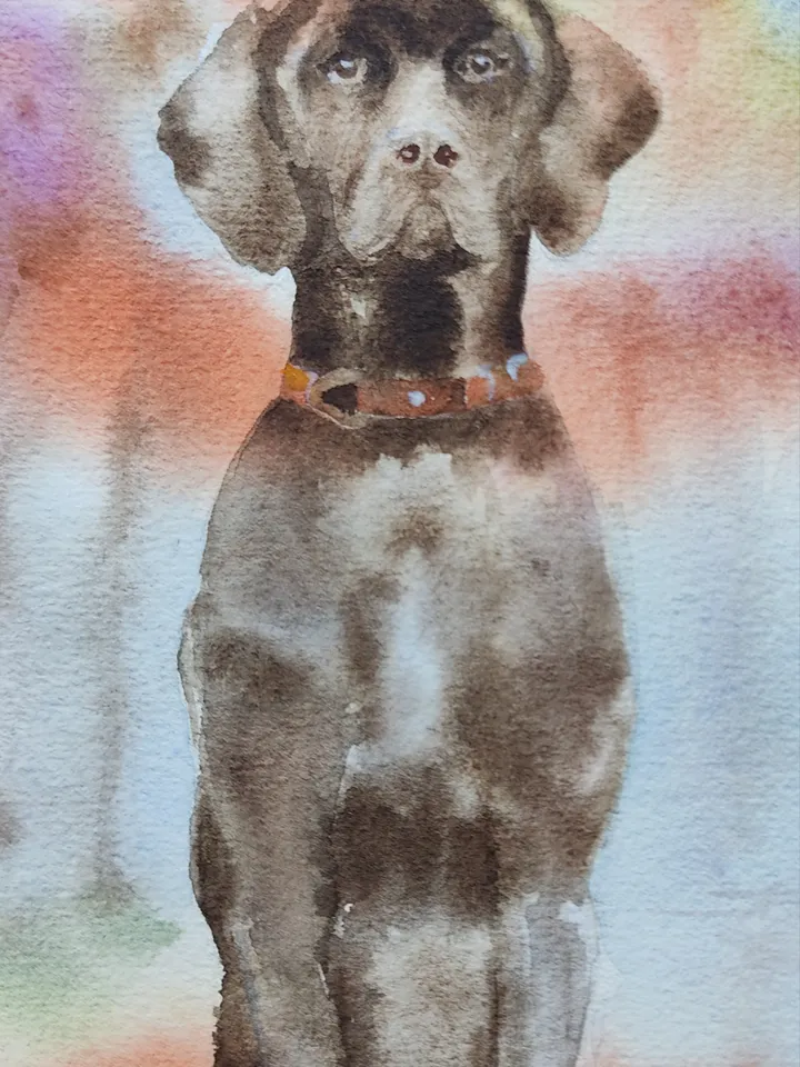 Walking with the dog. Original watercolor painting.