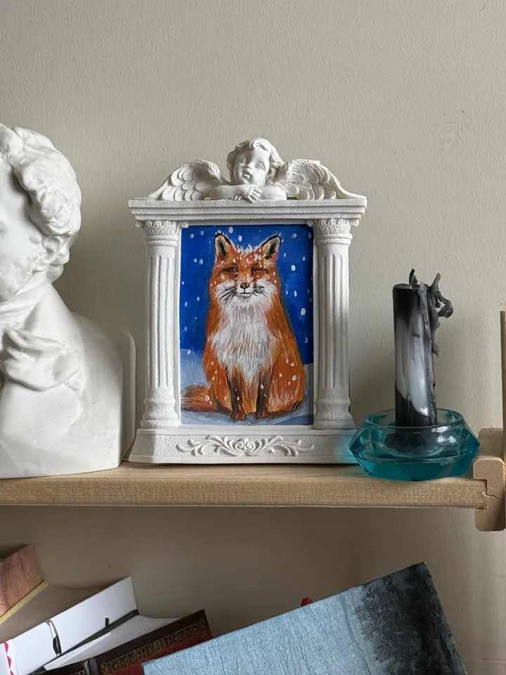 Fox Gouache Painting Original In Vintage Style Frame Small Framed Animals Wildlife Art