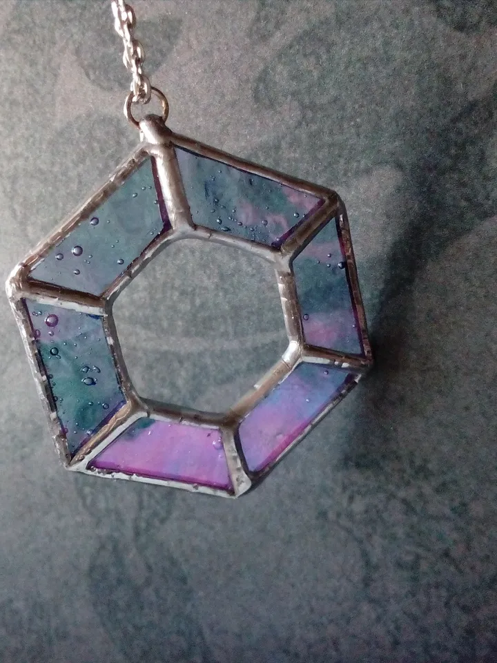 Iridescent stained glass, geometric pendant, Hexagon dichroic necklace, Stained glass cute necklace, Sacred geometry