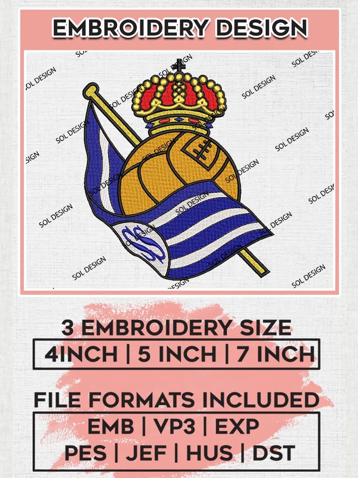 Real Sociedad Logo Embroidery Design, La Liga Embroidery files, La Liga Real Sociedad Teams, Football, Digital Download