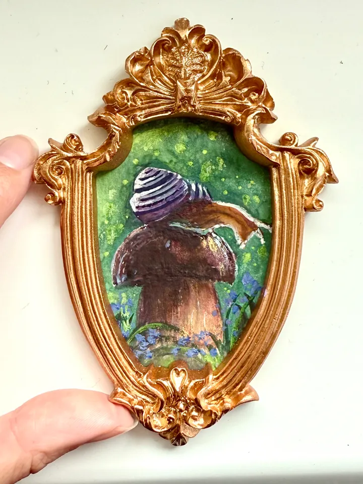 Snail Painting Original In Vintage Style Frame Small Framed Gobllincore Painting Art Slug Art Snail On Mushroom Portrait