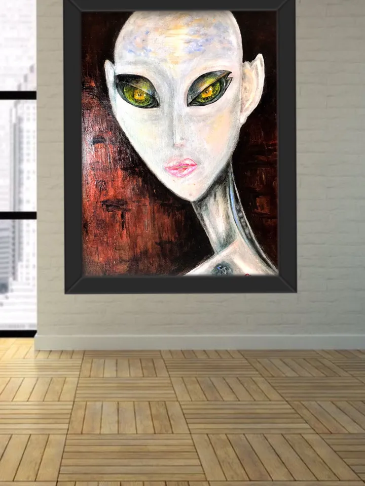 Alien painting on canvas,Alien portrait acrylic mix media painting.
