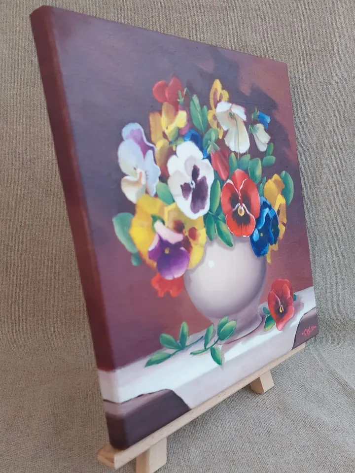 Painting with flowers. Violets. Original Art. 12x12 inches