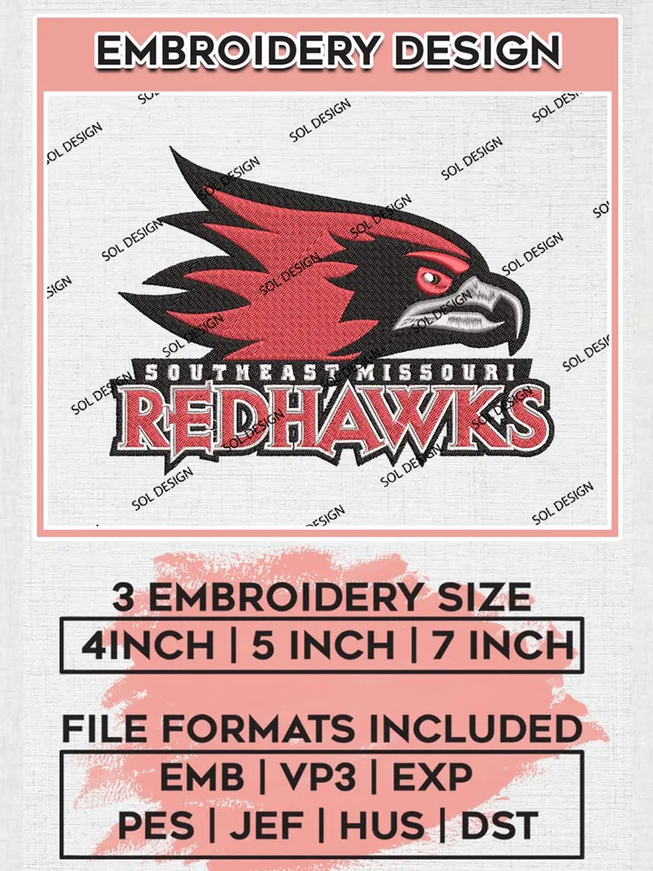 NCAA Southeast Missouri State Redhawks Team Mascot Logo Machine Embroidery Design, NCAA SEMO Redhawks Team Design Design files, NCAA Team Embroidery Designs, NCAA Machine Embroidery Designs, Digital Download
