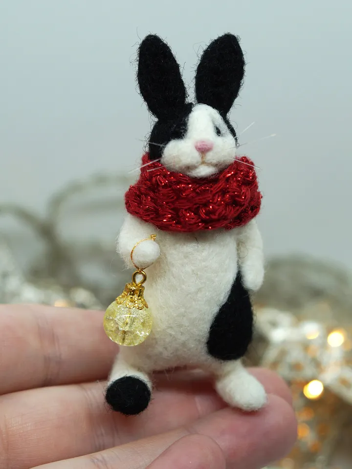 Oswald the rabbit, needle felted black and white rabbit, Christmas gift, made to order