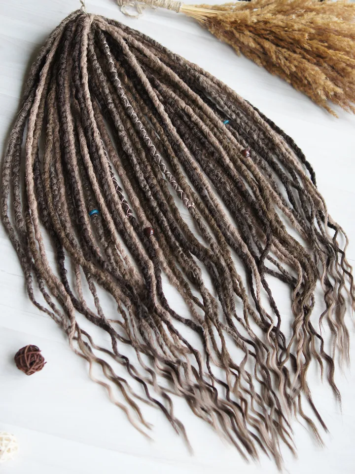 Wavy Synthetic Dreadlock Extensions in Ash Brown with Boho Beads and Wraps for Natural Looking Festival Hairstyles