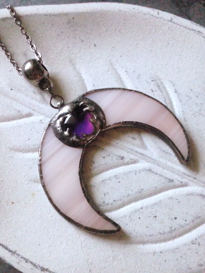 Stained glass moon, Mood stone crescent, Moon phase necklace, Stainglass crescent, Full moon