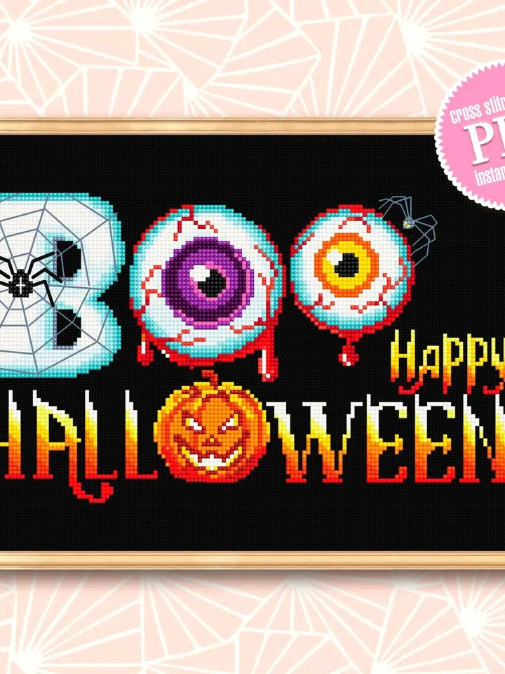 Happy Halloween cross stitch pattern PDF download Boo cross stitch chart, Spooky Halloween pattern digital PDF, Halloween embroidery #H12
