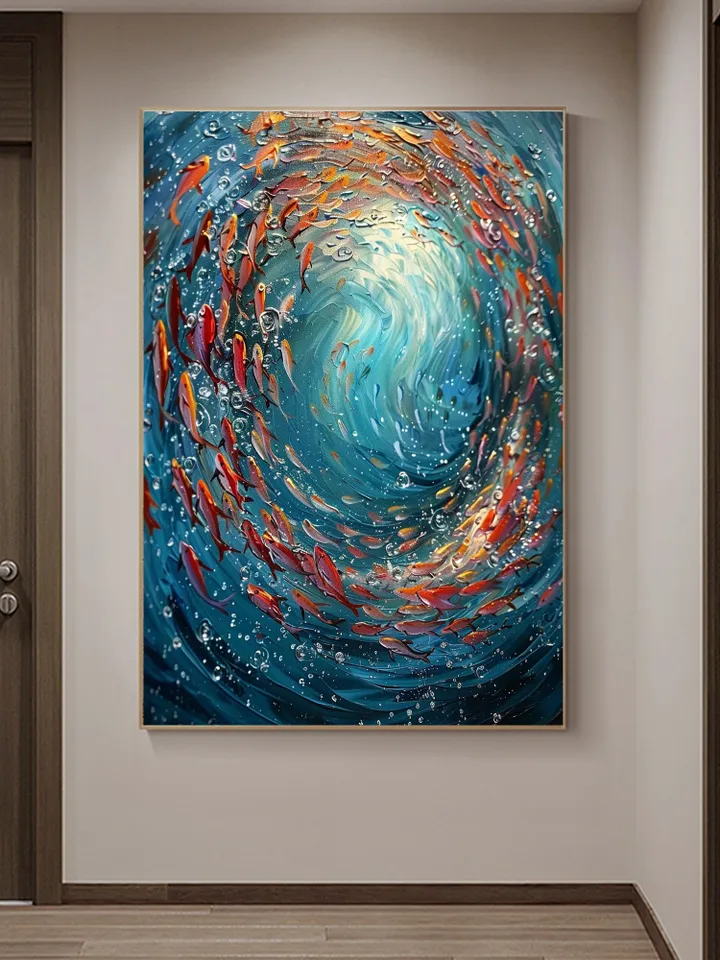 Original School Of Fish On The Bottom Of The Sea Oil Painting On Canvas, Abstract Blue Ocean Painting, Living Room Wall Art, Custom Painting