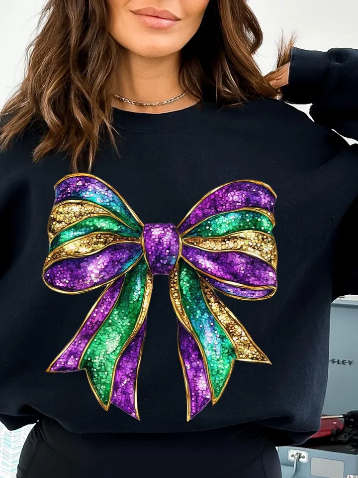 Mardi Gras Bow Sublimation PNG Coquette Bow Mardi Gras Shirt Mardi Beads Louisiana Festival Shirt New Orleans Carnival Glitter Bow Shirt