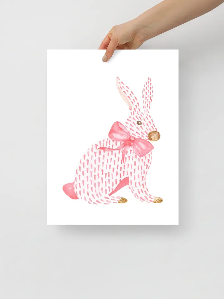 Pink Rabbit and Bow Painting, Watercolor Bunny Print, Pink Bow Art, Chinoiserie Wall Art, Nursery Wall Print, Girls Room Decor, Asian Print