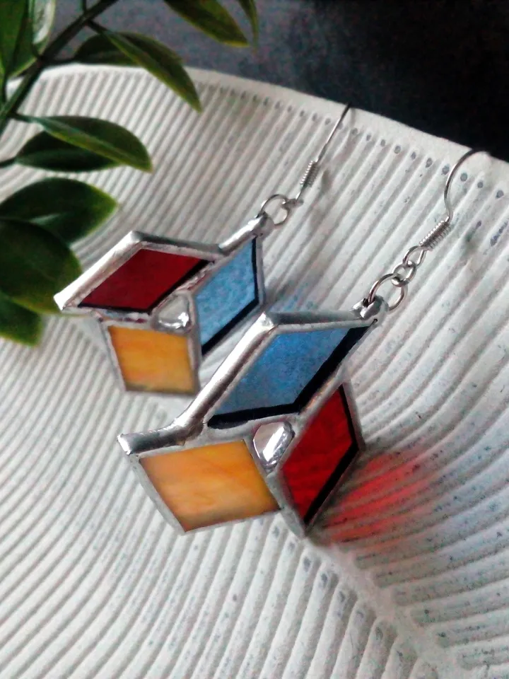 Origami stained glass earrrings - geometric handmade tiffany earrrings