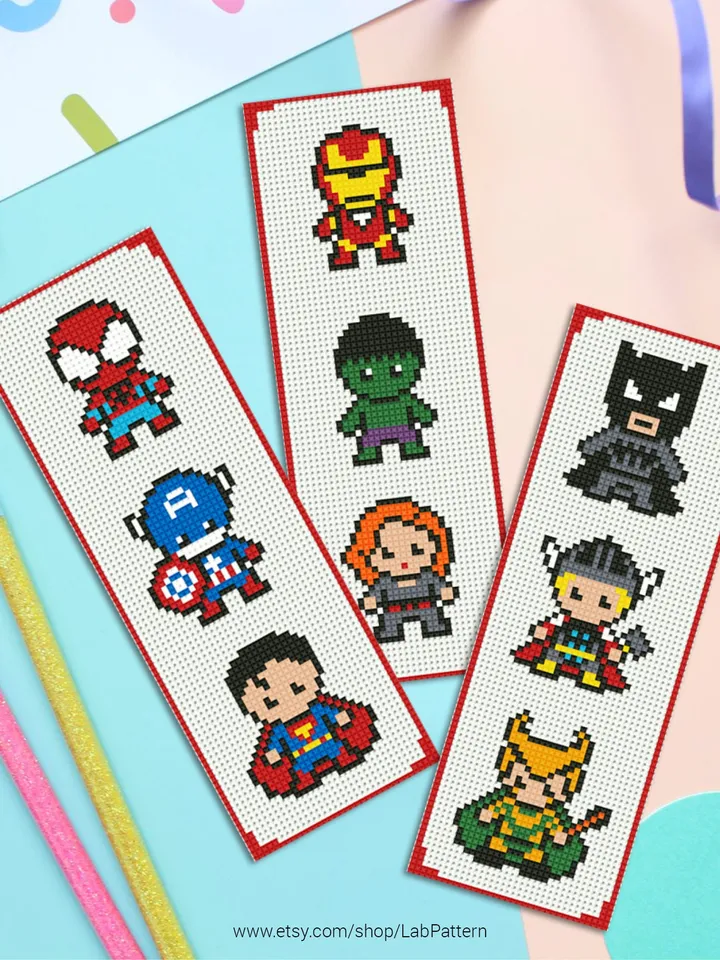 SuperHero  3 Bookmarks Set Cross stitch pattern | Embroidery Pattern | Instant Download | Embroidery Designs