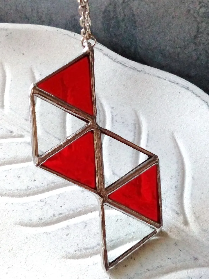 Glass geometric pendant, Origami Red necklace, triangular necklace, stained glass cute necklace