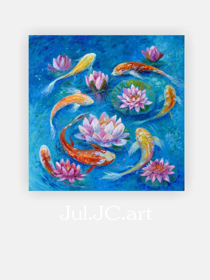 Koi Painting Original Art Fishes in the pond artwork 24 by 24 inch Water lilies art Koi fish Lotus oil painting