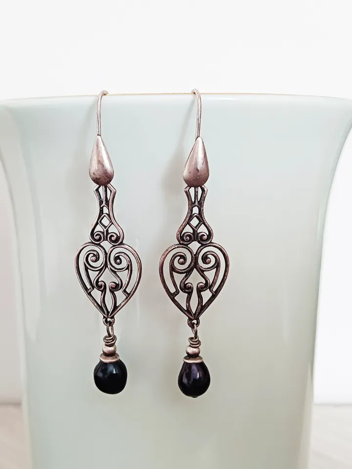 Boho Shabby chic Vintaj and Artisan Pewter permanent colored natural copper with cultured pearls beads  earrings