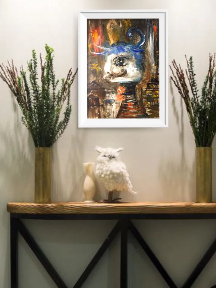 Funny cat painting,abstract animal painting,original oil painting on canvas board.