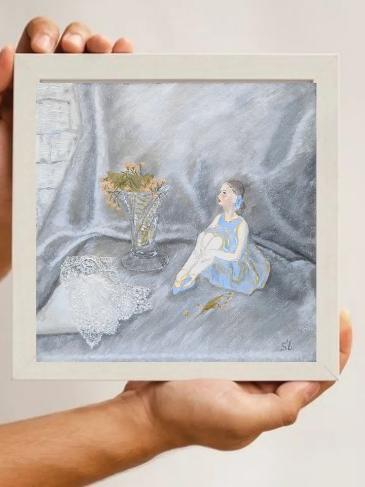 Oil painting, still life with a ballerina figurine, vase and delicate lace handkerchief. Vintage things. Miniature oil painting 12x12 inches
