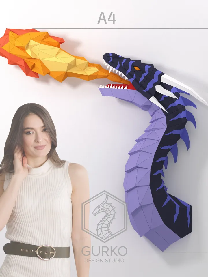 Papercraft Dragon With Flame, Digital Template, PDF Download, Gurko, 3D Low Poly, Pepakura, DIY Origami Sculpture, Paper Decor, DIY Gift