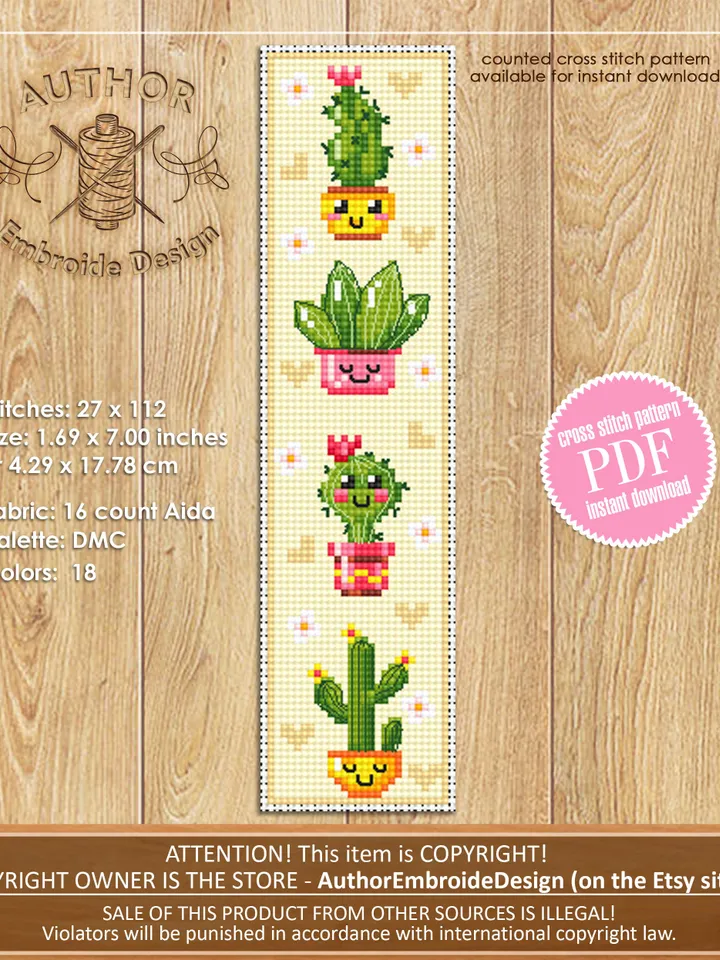 Cactus bookmark cross stitch pattern PDF download Kawaii cactus cross stitch chart, Floral bookmark pattern digital PDF, Potted plants #B341