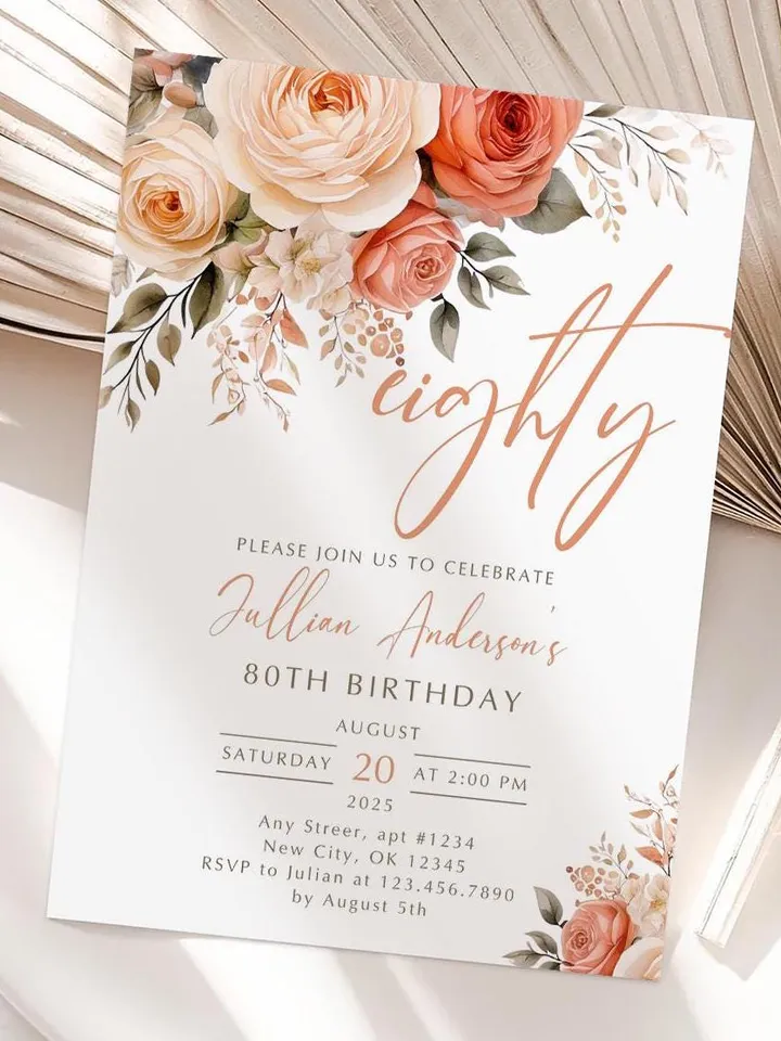 80th Birthday Invitation, Birthday Party Invitations for Women, Floral Birthday Invite for Her, Canva Editable Template, Instant Download