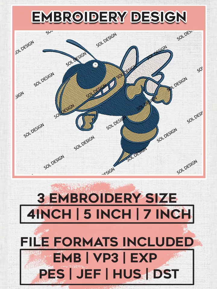 Georgia Tech Yellow Jackets Mascot Embroidery Designs, NCAA Logo Embroidery Files, NCAA Georgia Tech Yellow Jackets Logo, NCAA Embroidery Designs, Machine Embroidery Designs, Digital Download