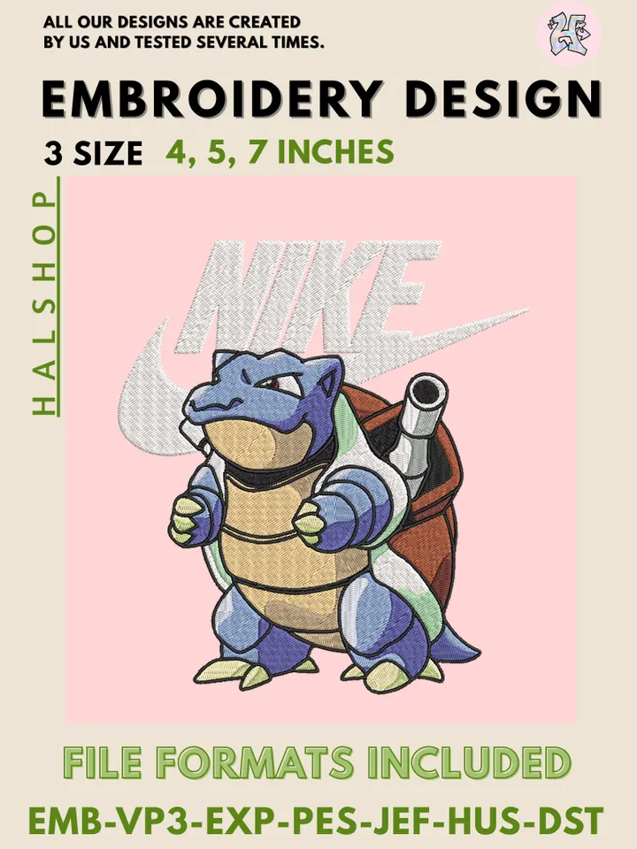 Blastoise x Nike Machine Embroidery Design – Pokémon Water Type Digital Embroidery File 🐢