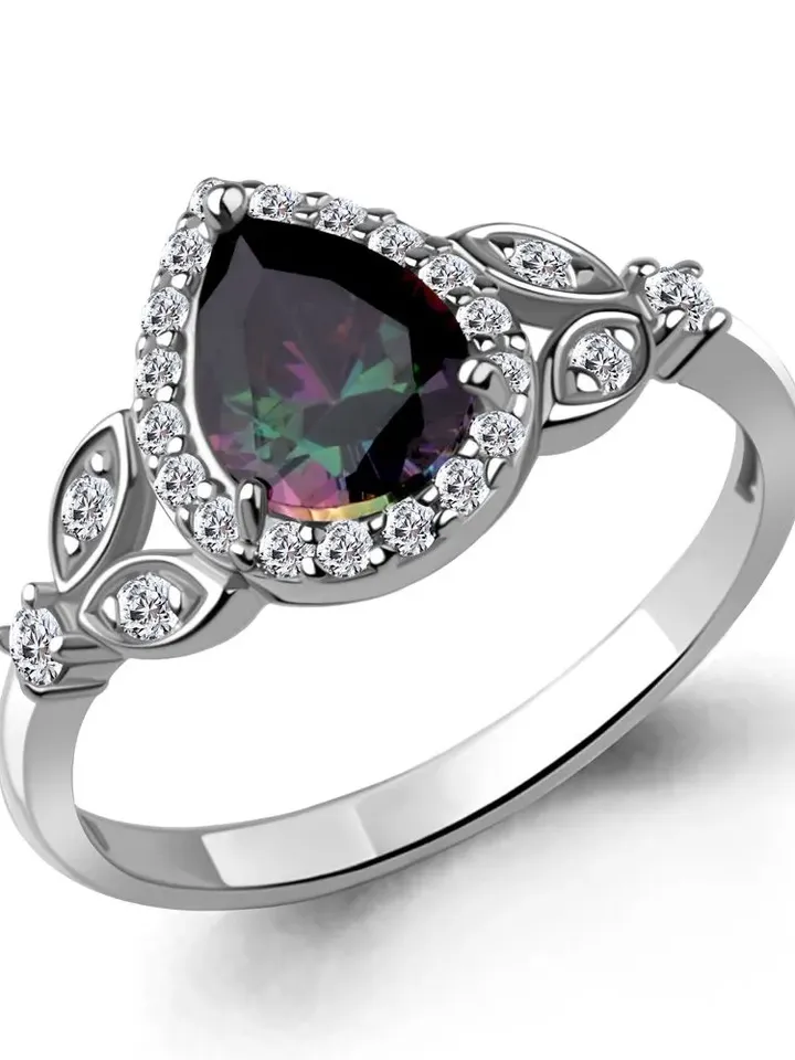 Ring silver 925 assay value rhodium plated with quartz mystic and cubic zirconia
