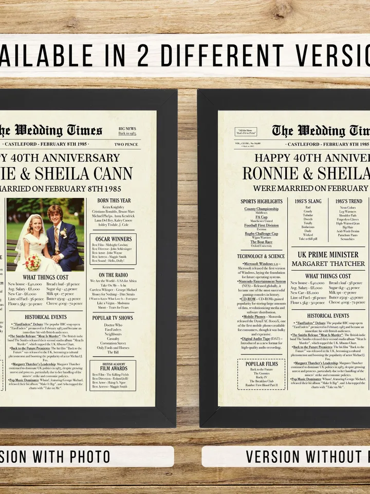 40th Anniversary 1985 Newspaper Photo Poster, 1985 Anniversary, 40th Anniversary Party Sign, 40th Anniversary Gift Board Anniversary gift UK