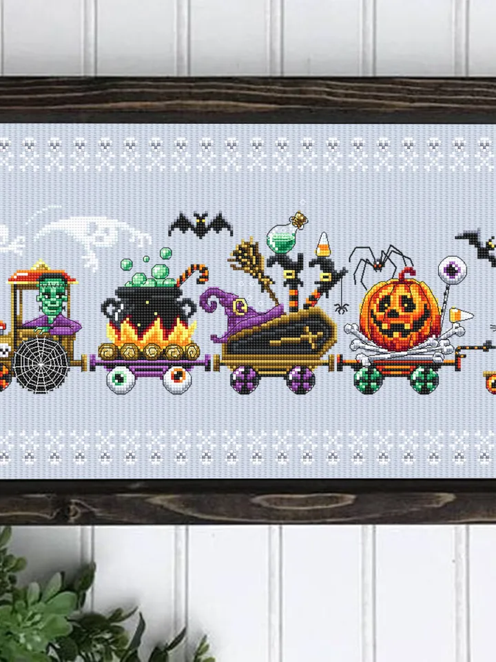Halloween train cross stitch pattern PDF download Happy Halloween cross stitch chart, Black cat, Spooky ghost, Halloween home decor #H62