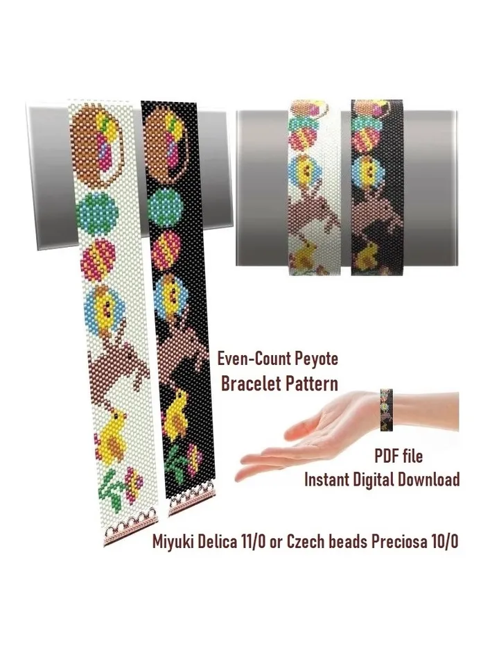 Flat Even Count Peyote Stitch Beading Patterns Easter Bracelets, Miyuki Delica or Czech beads Preciosa, Instant Download