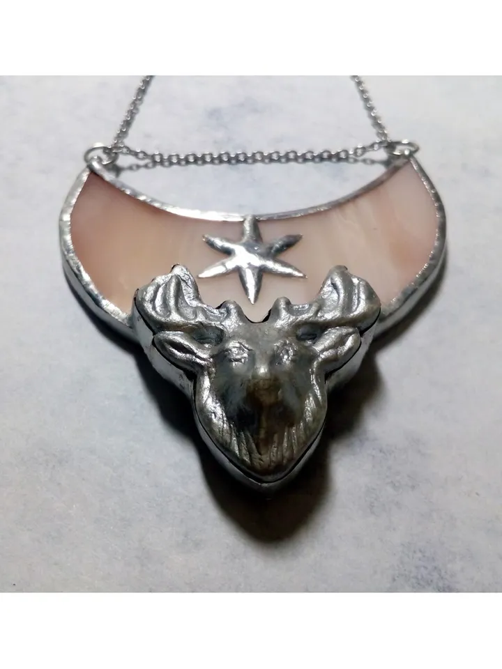 Deer antler jewelry, Deer head necklace, Yule jewelry, Christmas deer, Moon crescent deer, stag head pendant