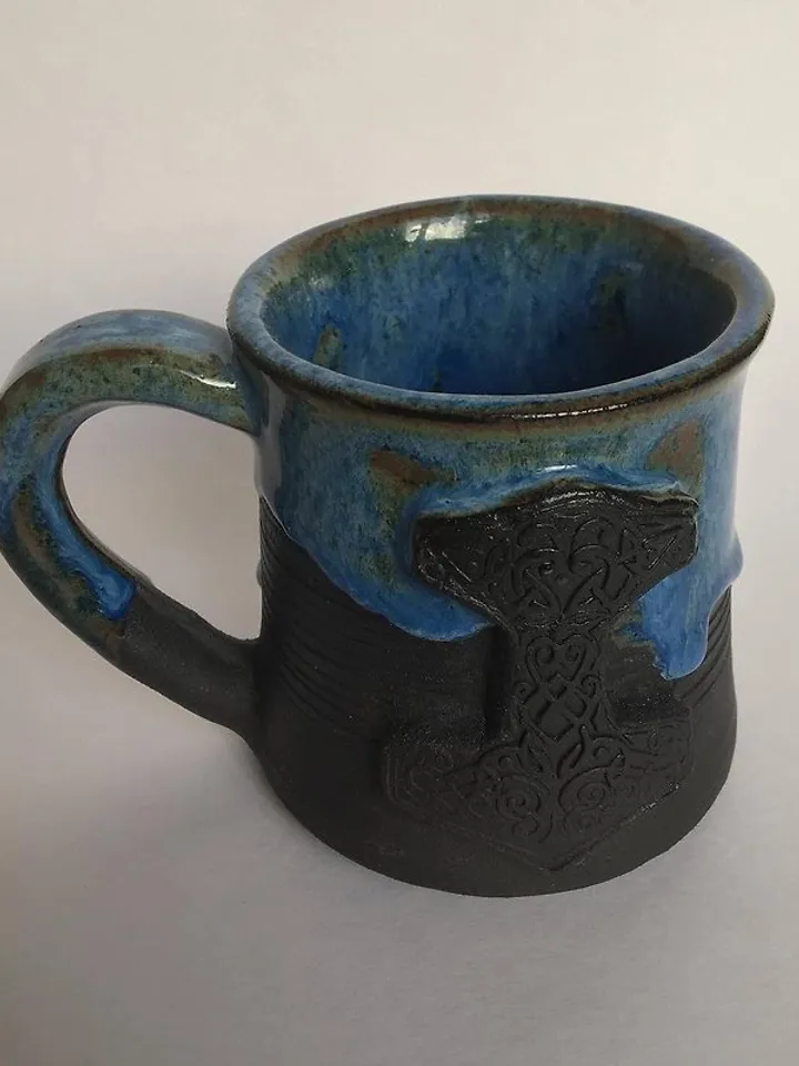 Thor Hammer Mjolnir black and blue dripping stoneware mug