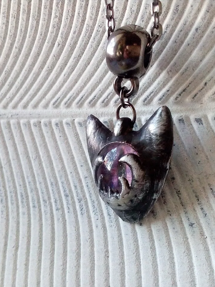 CAT necklace, cat eye tin soldered pendant, cat lovers jewelry, Halloween necklace, witchy aesthetic, goth bat pendant